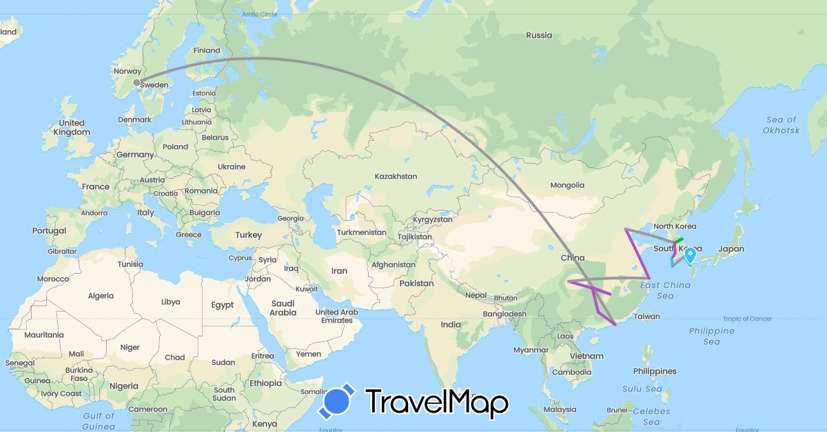 TravelMap itinerary: driving, bus, plane, train, boat in China, Japan, South Korea, Norway (Asia, Europe)